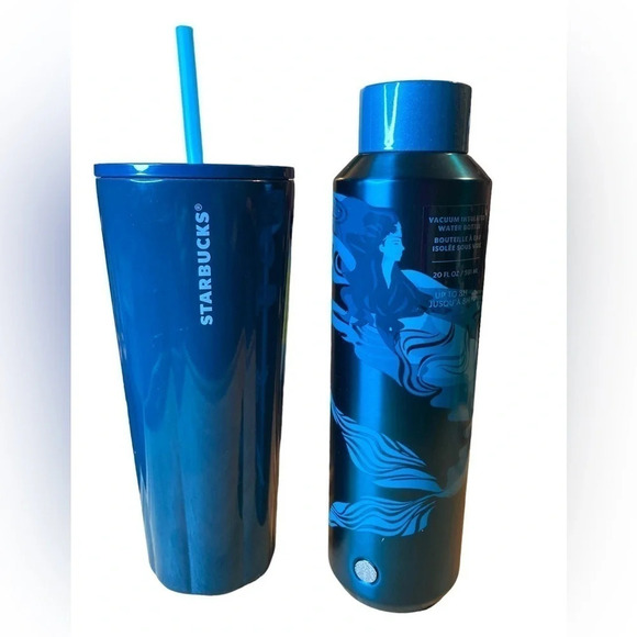 STARBUCKS Metal Venti 2-Color & Matching Mermaid Vac Insulated Water Bottle NWT - Picture 5 of 9